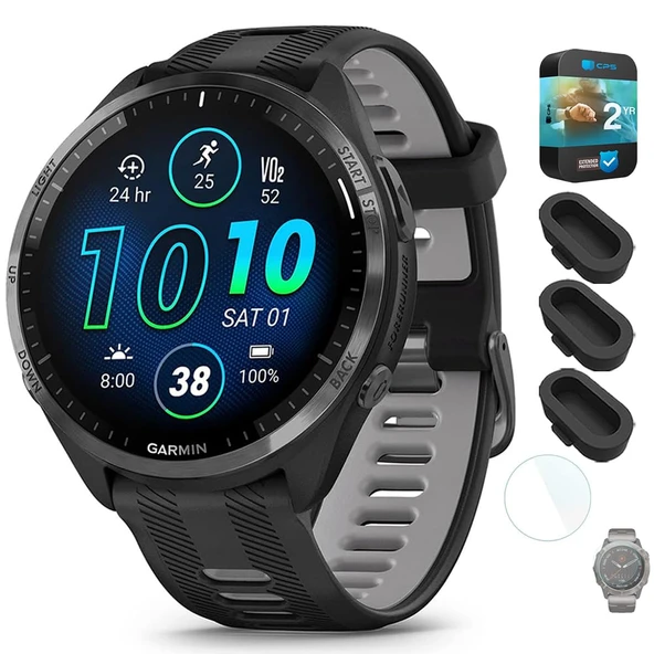 Garmin 010-02809-00 Forerunner 965 Smartwatch Black and Toz Gray Sche with Silikon Dust Cover 3 Pack, 1.4 inç Ekran Koruyucu ve 2 YR CPS Geliştirilmiş Koruma Paketi ürün görseli 1