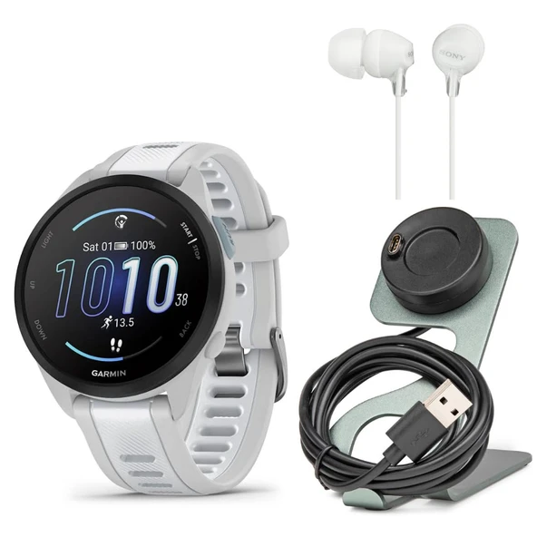 Garmin Forerunner 165 GPS Koşu Smartwatch (Mist Gray-Whitestone) Sche with Focus Camera Şarj Stand Smartwatches and in-Ear Earbud Buzzs (Beyaz) (3) ürün görseli 1