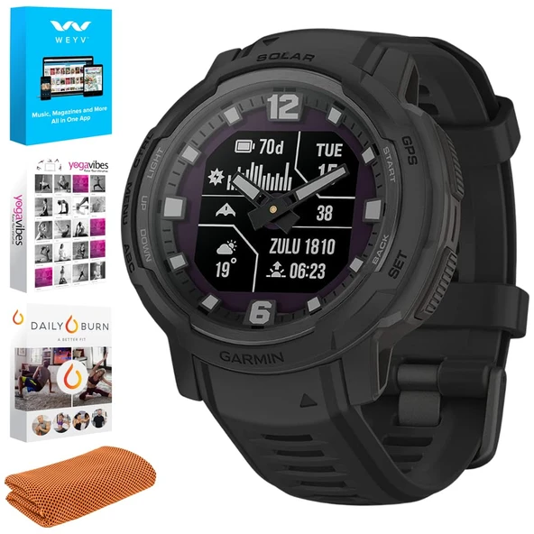 Garmin 010-02730-10 Instinct Crossover Solar Taktik Edition, Rugged Hybrid Smartwatch, Black Sche with Tech Smart USA Fitness & Wellness Suite and Workout Soğutma Sport Havlusu ürün görseli 1