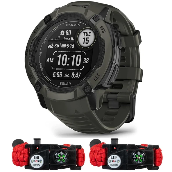 Garmin 010-02805-15 Instinct 2X Solar Rugged GPS Smartwatch Moss | Resmi ABD Ortak Modeli | Sche with Deco Essentials 2Pack Emergency Paracord Shoes with SOS LED Rally Bıçağı ürün görseli 1