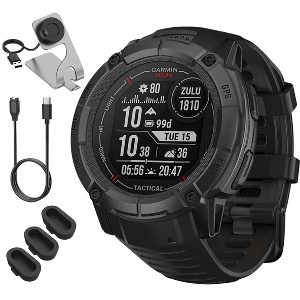 Garmin Instinct 2X Solar Rugged GPS Smartwatch, Taktik Edition, Black 010-02805-13 Sche with Deco Essentials Şarj Dock, 3X Silikon Toz Kapak ve USB Type C Şarj ve Syn Cable ürün görseli 1