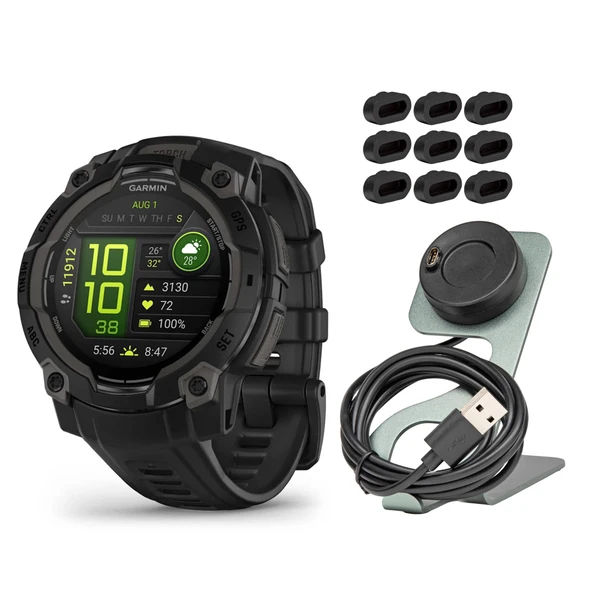 Garmin Instinct 3 45mm AMOLED GPS Smartwatch (Black) Sche with Focus Camera Portable Şarj Stand and Focus Şarj Port Protectors (9-Pack) (3 Madde) ürün görseli 1