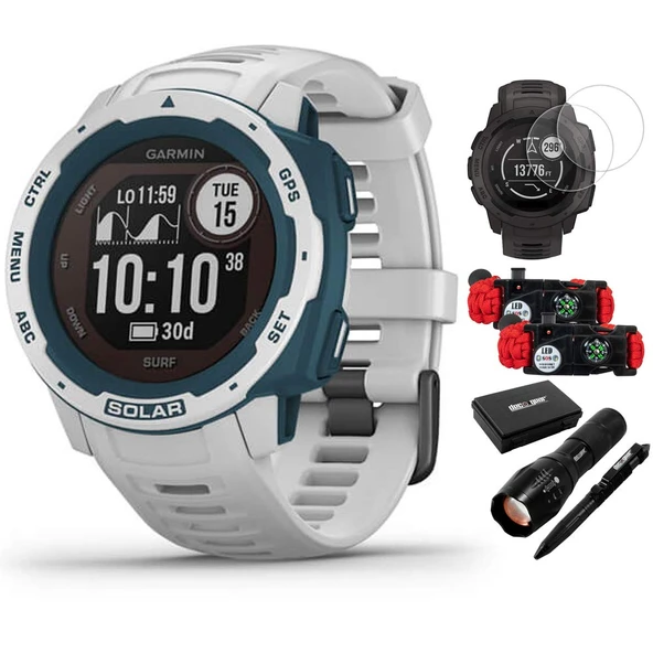 Garmin 010-02293-18 Instinct Solar Rugged Outdoor Watch Surf Edition Cloudbreak Sche with Ekran Protector 2-Pack, 2Pack Emergency Shoes with SOS LED Light Bıçağı and Flashlight and Taktik Pen ürün görseli 1
