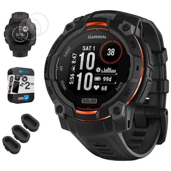 Garmin 010-02934-00 Instinct 3-45 mm Açık GPS Smartwatch Solar Black with Black Band Sche with Silikon Dust Cover 3 Pack, Ekran Koruyucu 2Pack ve 2 YR CPS Geliştirilmiş Koruma Paketi ürün görseli 1
