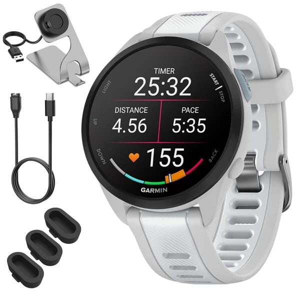 Garmin 010-02863-31 Forerunner 165 Music Smart Sport Watch, Mist Gray + Whitestone Sche ile Deco Essentials Şarj Dock, 3X Silikon Toz Kapak ve USB Type C Şarj ve You Cable ürün görseli 1