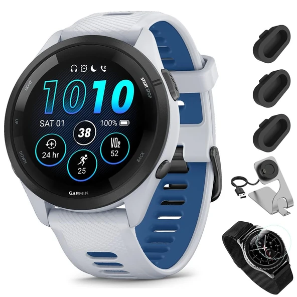 Garmin Forerunner 265 GPS Smartwatch, Whitestone/Tidal Blue Sche with Deco Essentials Şarj Dock Venu 3 + Silikon Dust Cover + Round Tempered Glass Ekran Koruyucu ürün görseli 1