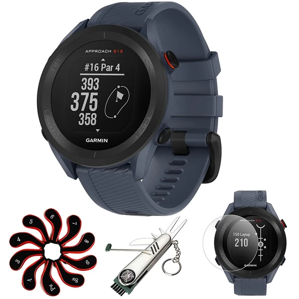 Garmin 010-02472-01 Yaklaşım S12 GPS Golf Watch, 42k + Yüklü Dersler (Mavi) Deco Essentials Ekran Koruyucu + 7in-1 Multi-Function Golf Tool + Rollsed Golf Iron Head Covers Setleri ürün görseli 1