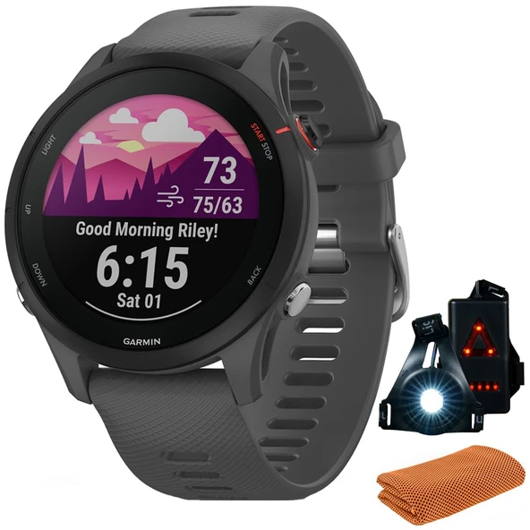 Garmin 010-02641-00 Forerunner 255 GPS Smartwatch, Slate Gray | Resmi ABD Ortak Modeli | İşout Soğutma Spor Havlusu ve Deco Essentials Wearable Commuter Front ve Arka Güvenlik Işık Işık Işıkları ürün görseli 1