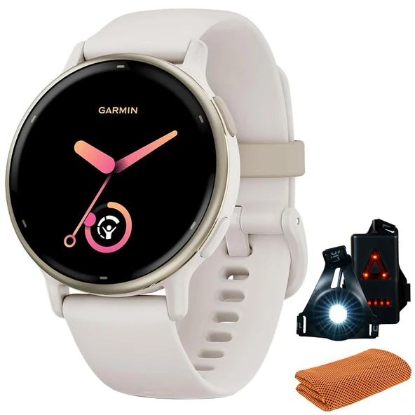 Garmin 010-02862-11aktif 5 Fitness Smartwatch, Ivory Sche with Workout Soğutma Sport Havlu ve Deco Essentials Wearable Commuter Front and Arka Safety Light ürün görseli 1
