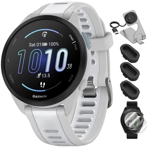 Garmin 010-02863-21 Forerunner 165 Smart Sport Watch Mist Gray + Whitestone Sche with Deco Essentials Şarj Dock, Silikon Dust Cover 3 Pack ve Ekran Koruyucu 1.2 inç 2 Pack 2 için ürün görseli 1