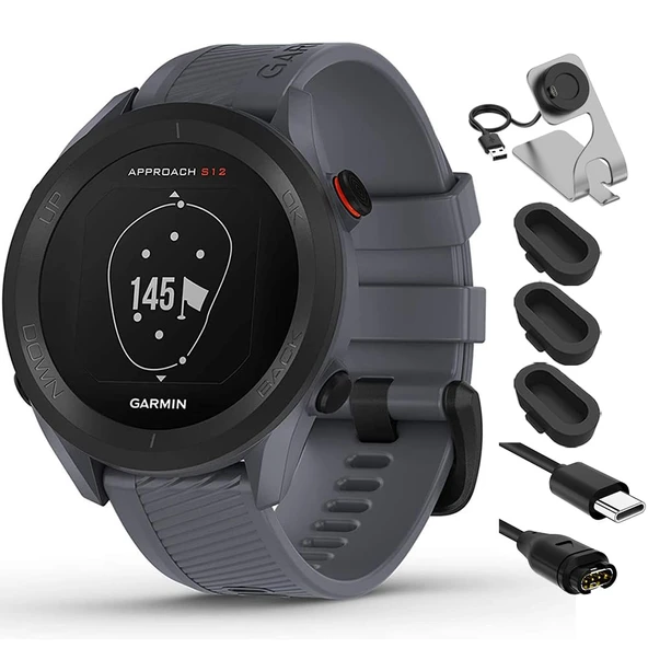 Garmin 010-02472-01 Yaklaşım S12 GPS Golf Watch w/ 42k + Yüklenmiş Dersler Veranda Blue Sche ile Deco Essentials Şarj Dock, Silikon Dust Cover 3 Pack ve USB Type C Şarj ve Sync Cable ürün görseli 1