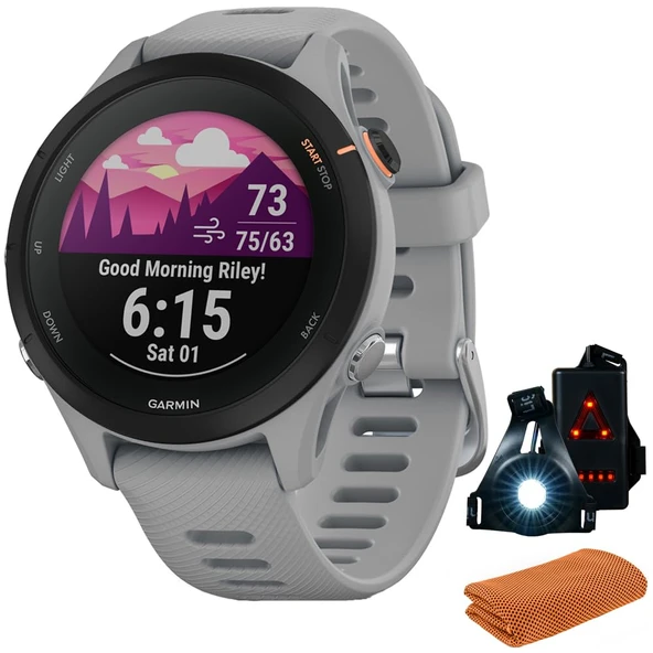 Garmin 010-02641-02 Forerunner 255S GPS Smartwatch, Toz Grey | Resmi ABD Ortak Modeli | İşout Soğutma Spor Havlusu ve Deco Essentials Wearable Commuter Front & Arka Safety Light ürün görseli 1