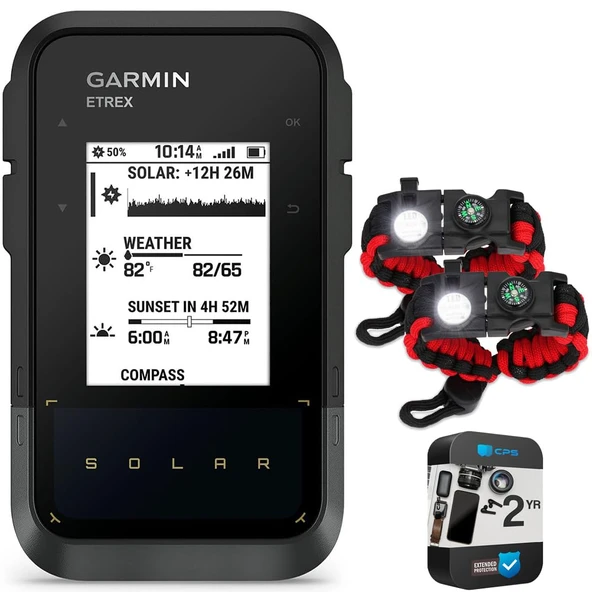 Garmin 010-02782-00 eTrex Solar Support GPS 275 Navigator Sche ile 2 YR CPS Geliştirilmiş Koruma Paketi ve 2Pack Taktik Acil Paracord Duş ile SOS LED ürün görseli 1
