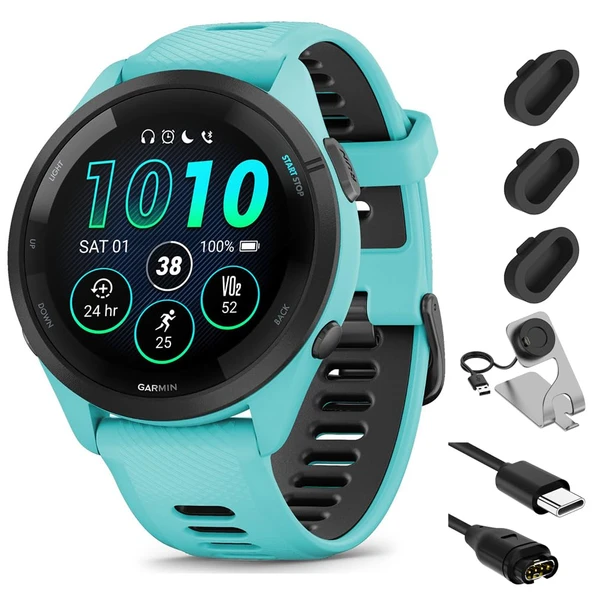 Garmin Forerunner 265 GPS Smartwatch, Aqua/Black Sche with Deco Essentials Şarj Dock Venu 3 + Silikon Toz Kapak + USB Type C Şarj ve Sen Cable ürün görseli 1