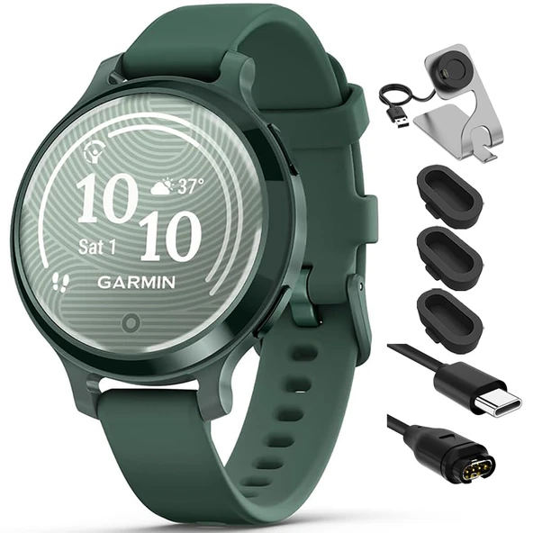 Garmin 010-02891-02 Lily 2 Active Smartwatch Jasper Green ile Jasper Green Silikon Bantı, Deco Essentials Şarj Dock, Silikon Dust Cover 3 Pack ve USB Type C Şarj ve Syn Cable ürün görseli 1