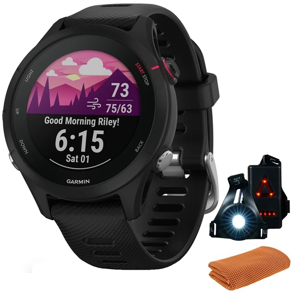 Garmin 010-02641-22 Forerunner 255S Music GPS Smartwatch, Black Sche with Workout Soğutma Sport Havlu ve Deco Essentials Wearable Commuter Front and Arka Safety ürün görseli 1