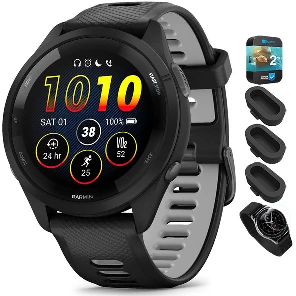 Garmin 010-02810-00 Forerunner 265 GPS Smartwatch - 46mm Black/Powder Gray Sche ile Deco Essentials Silikon Toz Cover 3 Pack, Round Ekran Koruyucu ve 2 YR CPS Geliştirilmiş Koruma Paketi ürün görseli 1