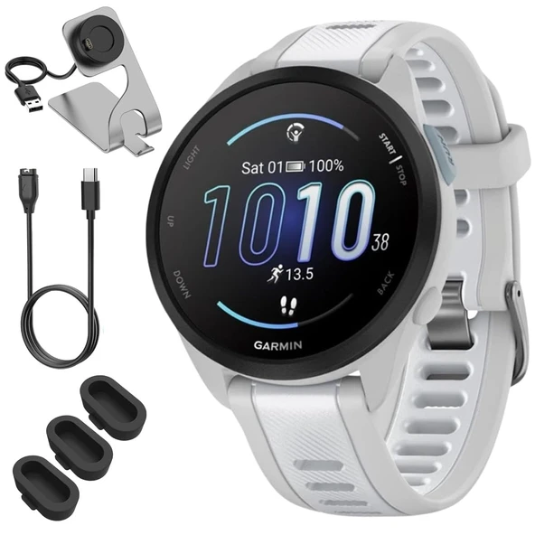 Garmin 010-02863-21 Forerunner 165 Smart Sport Watch, Mist Gray + Whitestone Sche with Deco Essentials Şarj Dock, 3X Silikon Kapak ve USB Type C Şarj ve Sen Kablo ürün görseli 1
