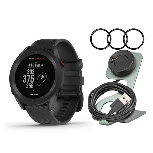 Garmin Approach S12 Golf Watch (Black) Sche with Focus Camera Portable Şarj Stand and USB Şarj Kablolu ve Focus Şarj Port Protectors (9-Pack) (3 Madde) ürün görseli 1