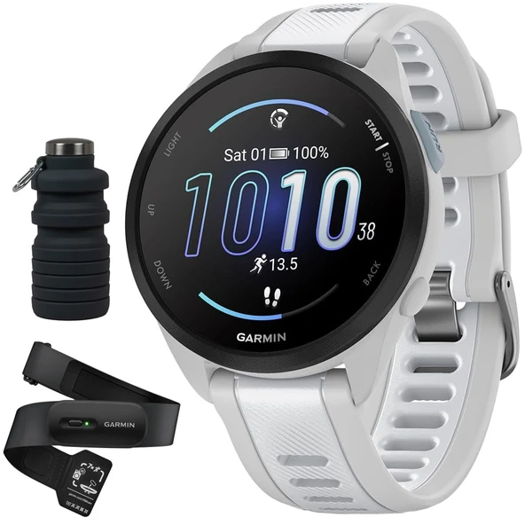 Garmin Forerunner 165 Smart Sport Watch, Mist Gray + Whitestone with HRM 200 Heart Rate Monitor (XS-S) Sche with Deco Essentials Collapsable Water Şişe ürün görseli 1