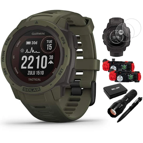 Garmin 010-02293-14 Instinct Solar Rugged Open Taktik Edition Moss Sche with Ekran Koruyucu 2Pack, 2Pack Emergency Shoes with SOS LED Light Bıçağı and Flashlight and Taktik Pen ürün görseli 1