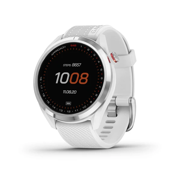 Garmin Yaklaşım S42, GPS Golf Smartwatch, 1.2 ile hafif" Touchscreen, 42k + Yüklü Dersler, Gümüş Seramik Bezel ve Beyaz Silikon Grubu, 010-02572-11-11 ürün görseli 1