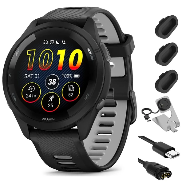 Garmin Forerunner 265 GPS Smartwatch - 46mm, Black/Powder Gray Sche with Deco Essentials Şarj Dock Venu 3 + Silikon Kapak + USB Type C Şarj ve Sen Cable ürün görseli 1