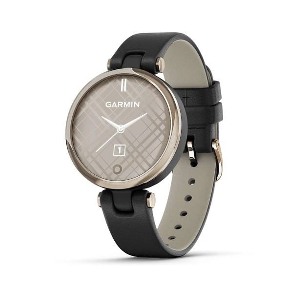 Garmin LilyTM, Small GPS Smartwatch with Touchscreen and Patterned Lens, Light Gold with Black Deri Band ürün görseli 1