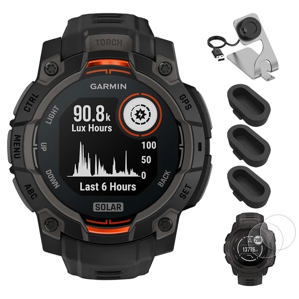 Garmin 010-02934-00 Instinct 3-45 mm Açık GPS Smartwatch Solar Black Band Sche ile Deco Essentials Şarj Dock, Silikon Dust Cover 3 Pack ve 2Pack Ekran Koruyucu ürün görseli 1