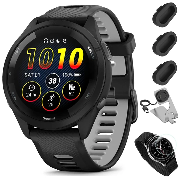 Garmin Forerunner 265 GPS Smartwatch - 46mm, Black/Powder Gray Sche ile Deco Essentials Şarj Dock Venu 3 + Silikon Kapak + Round Tempered Cam Ekran Koruyucu + ürün görseli 1