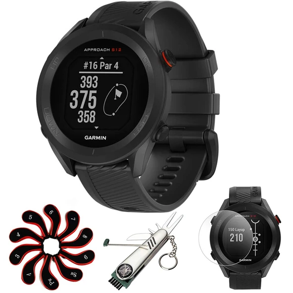 Garmin 010-02472-00 Yaklaşım S12 GPS Golf Watch, 42k + Yüklü Dersler (Black) Sche with Deco Essentials Ekran Koruyucu + Multi-Function Golf Tool + Rollsed Golf Iron Head Covers Setleri ürün görseli 1