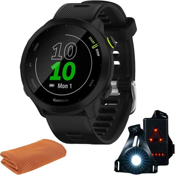 Garmin 010-02562-00 Forerunner 55 GPS Koşu Watch & Activity Tracker (Black) Sche with Workout Soğutma Sport Havlu ve Giyilebilir Commuter Front ve Arka Güvenlik Işığı ürün görseli 1