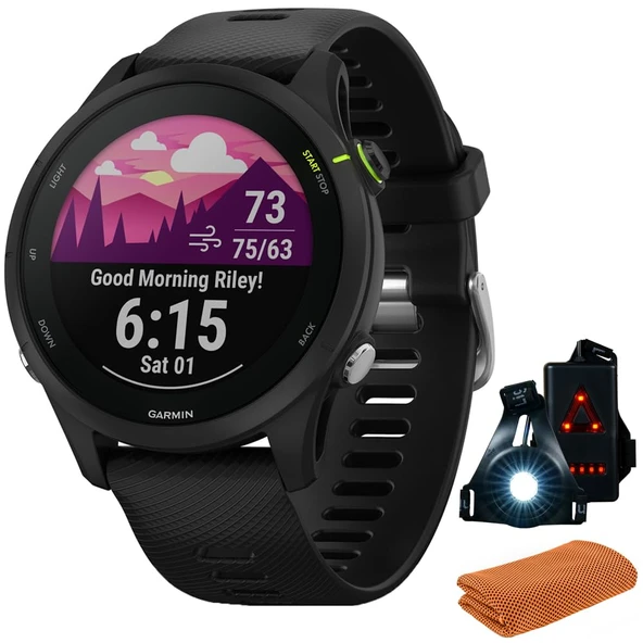 Garmin 010-02641-20 Forerunner 255 Music GPS Smartwatch, Black | Resmi ABD Ortak Modeli | İşout Soğutma Spor Havlusu ve Deco Essentials Wearable Commuter Front ve Arka Güvenlik Işık Işıkları ürün görseli 1