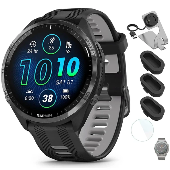 Garmin 010-02809-00 Forerunner 965 Smartwatch Black and Toz Gray Sche with Deco Essentials Şarj Dock, Silikon Dust Cover 3 Pack ve 1.4 inç Ekran koruyucu ürün görseli 1