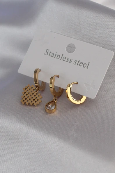 316L Çelik Gold Renk Kalp Model Zirkon Taş Detay Kadın Küpe Kombini ürün görseli 1