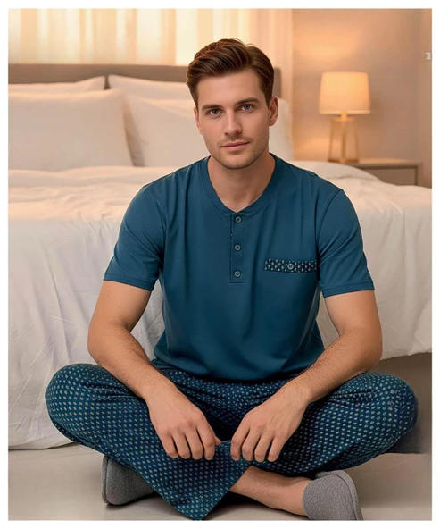 Arcan Erkek Düğme Yaka Kısa Kol Compact Penye Pijama Takımı 65130P - 1 Adet  2XL Petrol ürün görseli 1