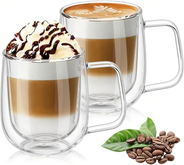 3B Trend 2 Adet Çift Cidarlı Cam Kupa Bardak Su Meşrubat Çay Saplı 250 ml ürün görseli 1