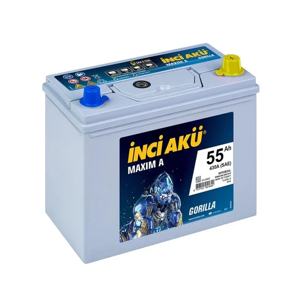 İnci 12V 55 Ah Maxim A Gorilla 430 CCA Japon Tip Dar Akü - Eski İadesiz ürün görseli 1