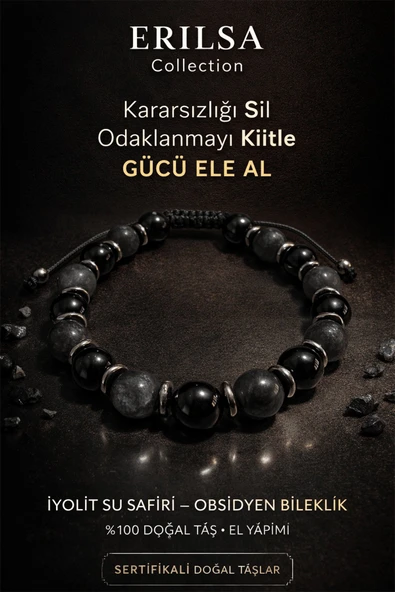 Sertifikalı Obsidyen İyolit Su Safiri Bileklik - 8 mm Doğal Taş Terahertz Aparatlı El Yapımı ürün görseli 1