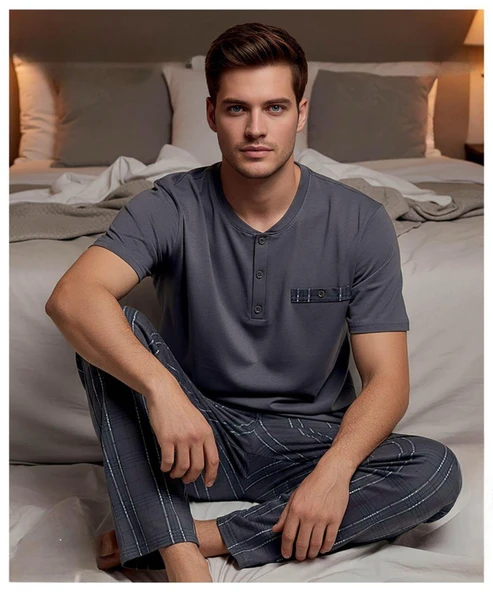 Arcan Erkek Düğme Yaka Kısa Kol Compact Penye Pijama Takımı 65130F - 1 Adet  M Füme ürün görseli 1