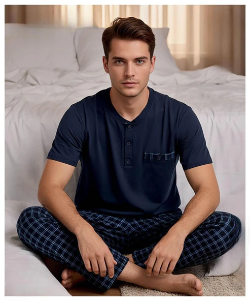Arcan Erkek Düğme Yaka Kısa Kol Compact Penye Pijama Takımı 65130L - 1 Adet  Lacivert 2XL ürün görseli 1