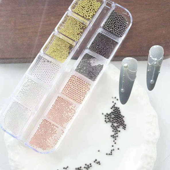 4 Renk 12li Tırnak Süsleme Parlak Metal Havyar Taşları 3 Boy Nail Art Boncukları WN-526 ürün görseli 1