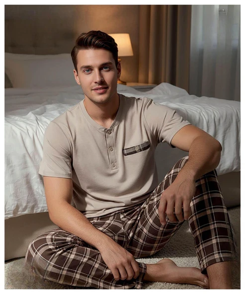Arcan Erkek Düğme Yaka Kısa Kol Compact Penye Pijama Takımı 65130K - 1 Adet  2XL Kahverengi ürün görseli 1
