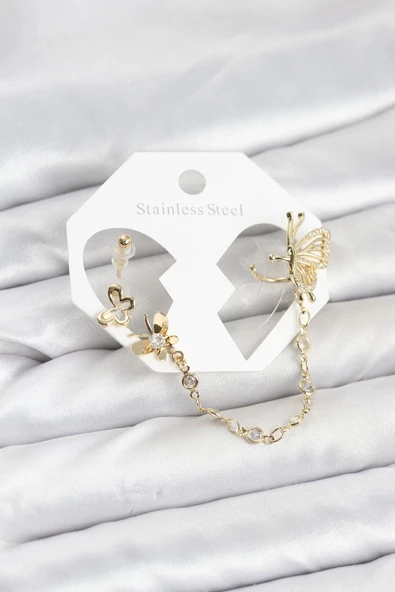Kelebekli Model Pirinç Gold Renk Zincir Bağlantılı Ear Cuff Küpe Seti ürün görseli 1