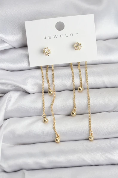 Topçuk Model Gold Renk Pirinç Sallantılı Kadın Küpe Seti ürün görseli 1