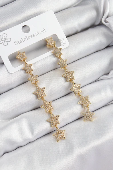 Pirinç Zirkon Taşlı Sallantılı Yıldız Model Gold Renk Kadın Küpe ürün görseli 1