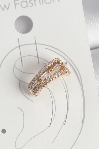Pirinç Gold Renk Zirkon Taşlı 3'Lü Sıralı Model Kadın Kıkırdak Küpe ürün görseli 1