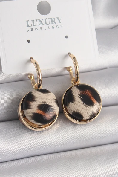 Pirinç Gold Renk Leopar Desenli Daire Model Kadın Küpe ürün görseli 1