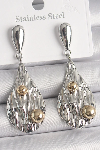 Pirinç Gümüş Renk Sallantı Damla Model Gold Topçuk Detay Kadın Küpe ürün görseli 1