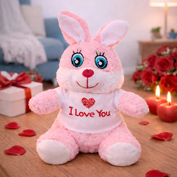 I Love You Tişörtlü Sevimli Pembe Peluş Tavşan ürün görseli 1